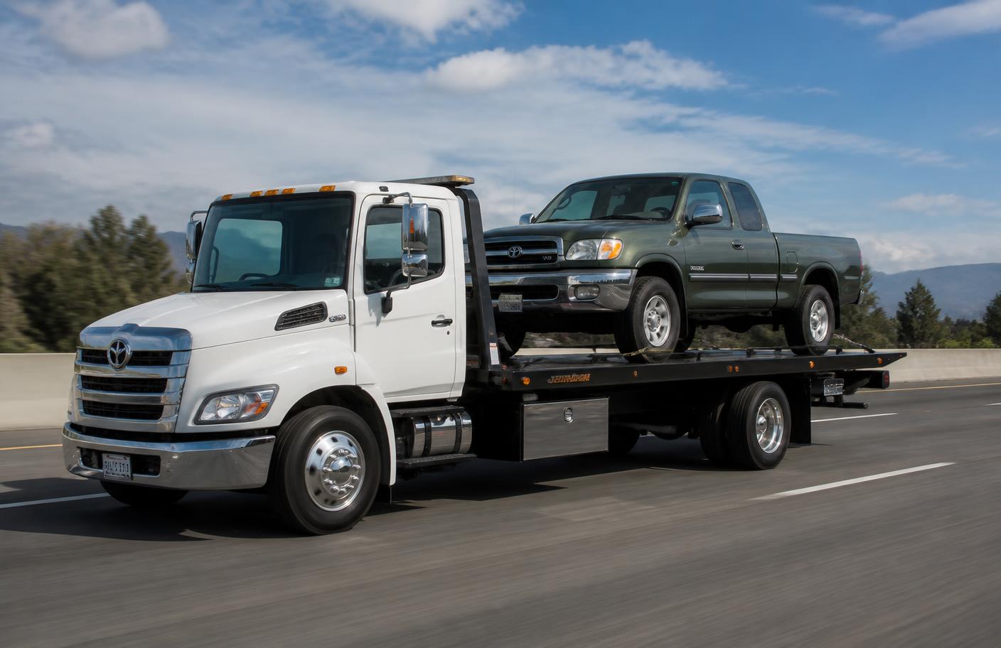 Car hauler transporting a Toyota Tundra pickup truck on the highway